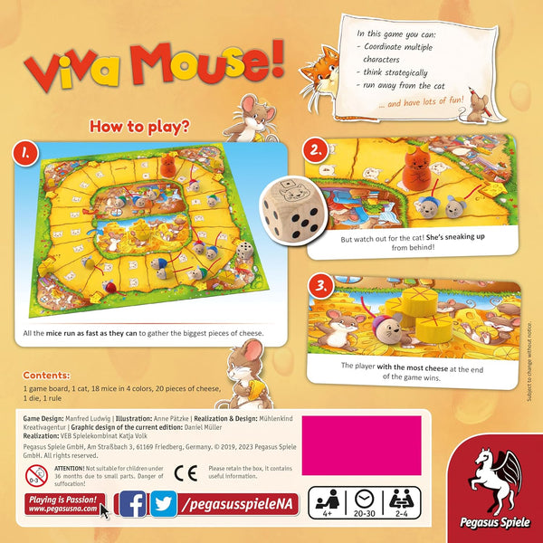 Board game packaging for 'Viva Mouse!' with game instructions and Pegasus Spiele logo.
