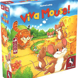 Board game box for 'Viva Mouse!' with cartoon mice and a cat on a colorful background.