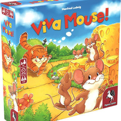 Board game box for 'Viva Mouse!' with cartoon mice and a cat on a colorful background.
