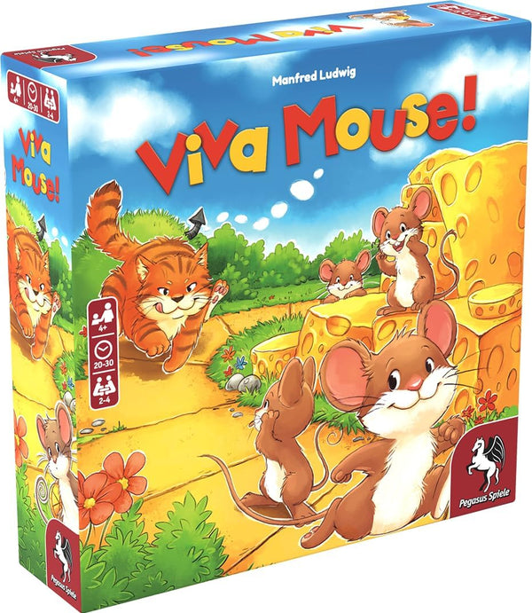 Board game box for 'Viva Mouse!' with cartoon mice and a cat on a colorful background.