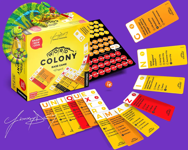 Board game 'Word Colony' with cards and box on a purple background