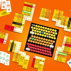 Collection of colorful game cards and a central board on an orange background