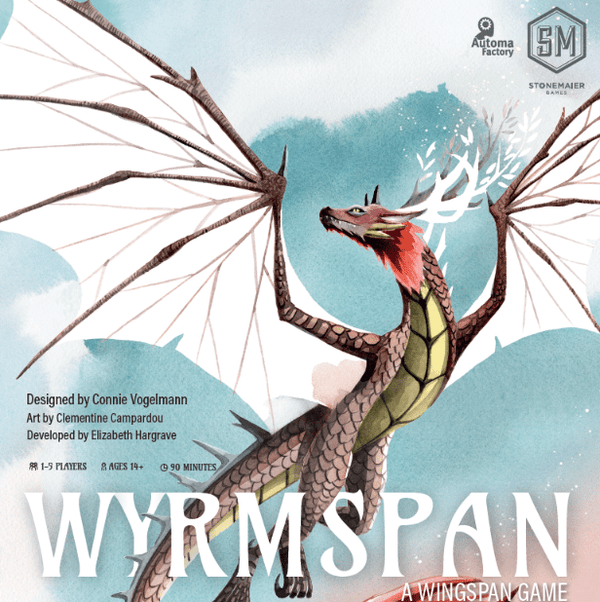 Cover of 'Wyrmspan' board game with a dragon illustration against a blue sky.