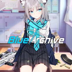 Anime character with cat ears sitting at a desk with 'Blue Archive' branding.