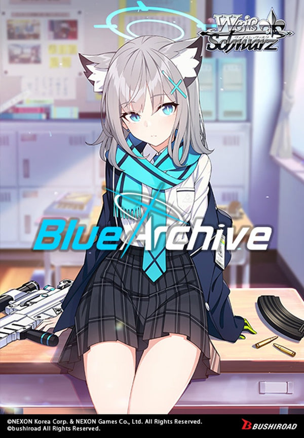 Anime character with cat ears sitting at a desk with 'Blue Archive' branding.