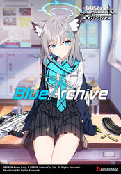 Anime character with cat ears sitting at a desk with 'Blue Archive' branding.