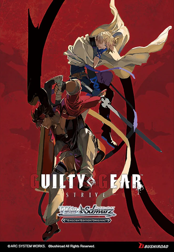 Promotional poster for 'Guilty Gear Strive' featuring two characters on a red background.