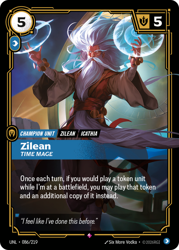 Riftbound Unit: Zilean, Time Mage. Once each turn, if you would play a token unit while I'm at a battlefield, you may play that token and an additional copy of it instead.