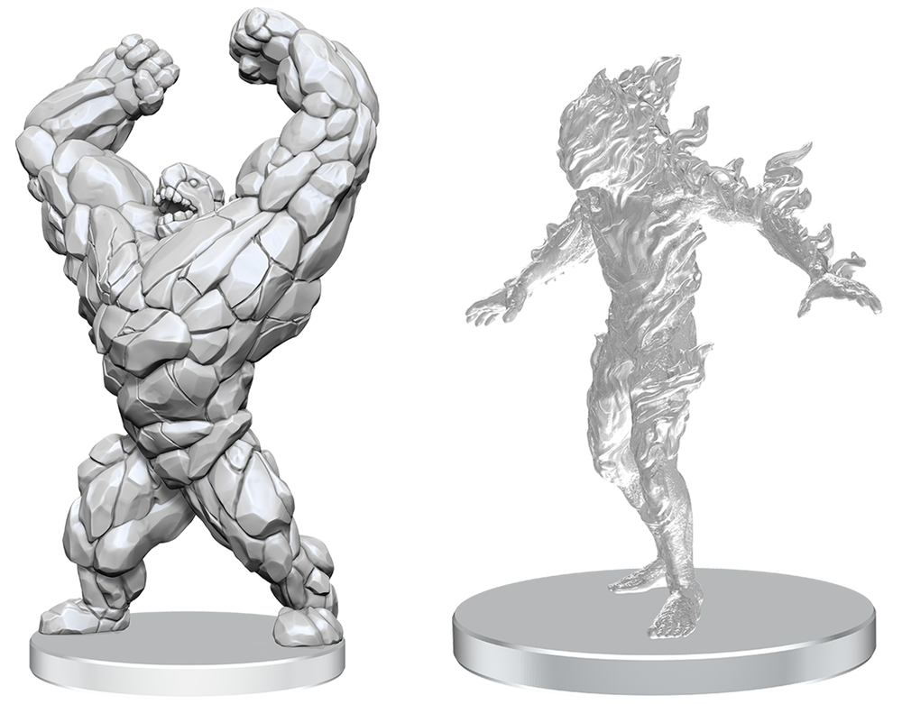 Two white figurines on stands against a white background