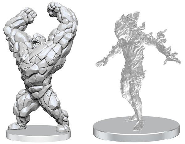 Two white figurines on stands against a white background