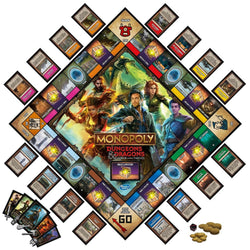 Monopoly Dungeons & Dragons board game set with cards and pieces on a white background