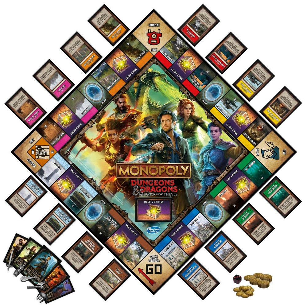 Monopoly Dungeons & Dragons board game set with cards and pieces on a white background