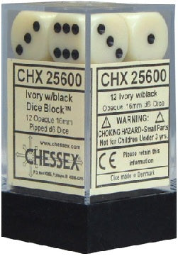 OPAQUE 16MM DICE BLOCK (12 dice) Ivory/black