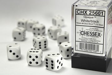 OPAQUE 16MM DICE BLOCK (12 dice) White/black