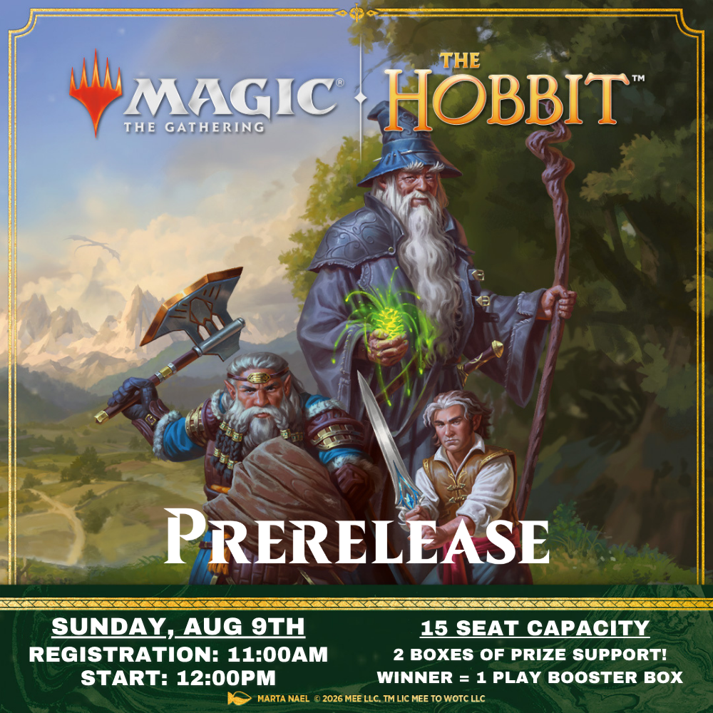 Advertisement for 'Magic: The Gathering' and 'The Hobbit' prerelease event with characters and scenic background.