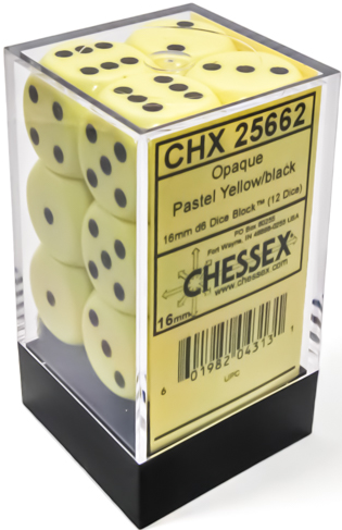 OPAQUE 16MM DICE BLOCK (12 dice) Pastel Yellow/black